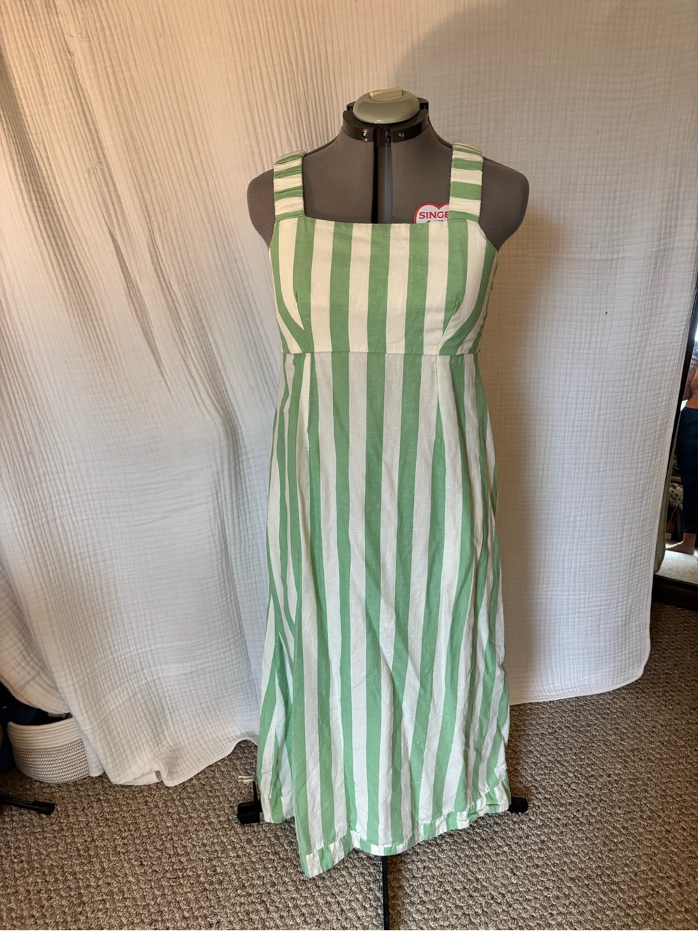 Striped Green and White Maxi Sundress with Square Neck